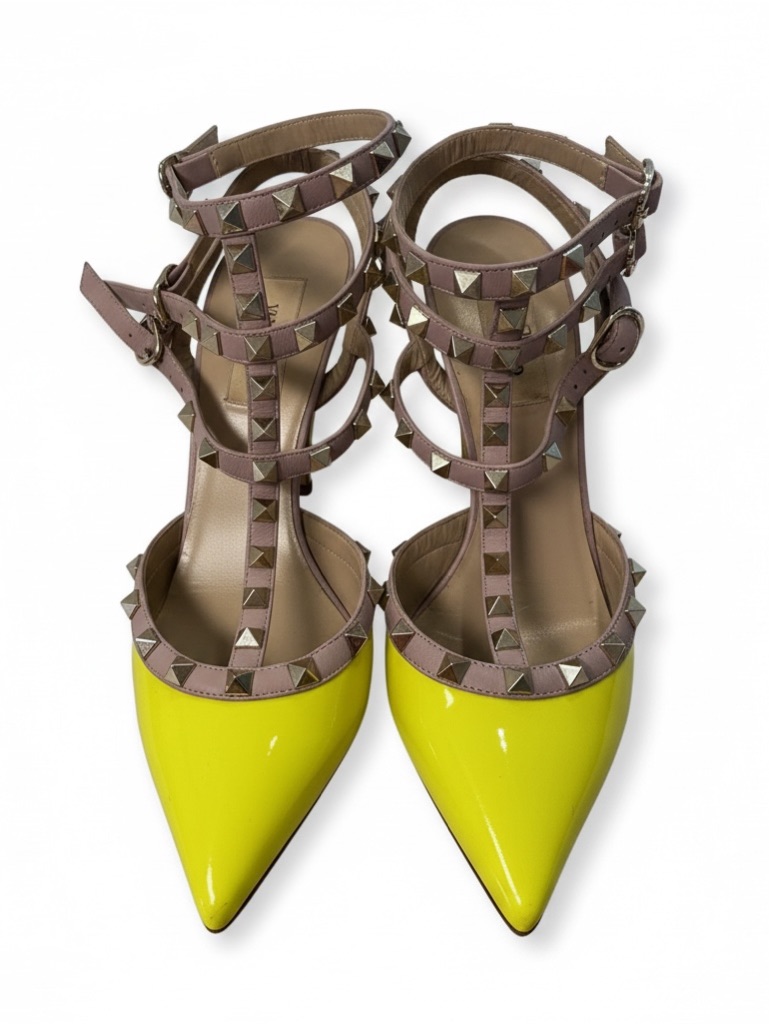 Valentino Neon Yellow Patent Pointed T-Strap Rockstud Pumps With Taupe Straps